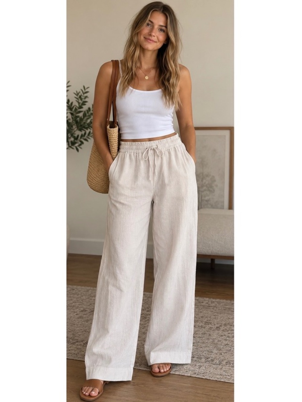 J.Crew Factory Linen Blend Wide Leg Drawstring Pants White Khaki Size 16 NWT